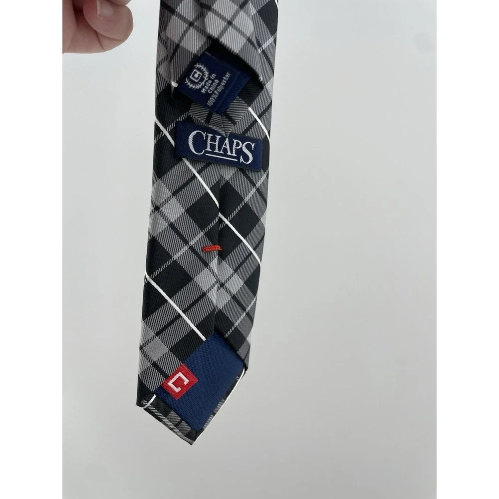 Chaps Youth Plaid Necktie Black Grey Checkered Polyester Formal Tie New